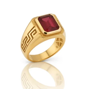 Anillo de Oro 14k Caballero con Piedra Roja Estilo Romano