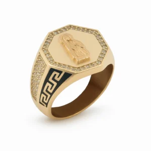 Anillo de Oro para Caballero con Figura Religiosa – Diseño Octagonal y Grecas Negras