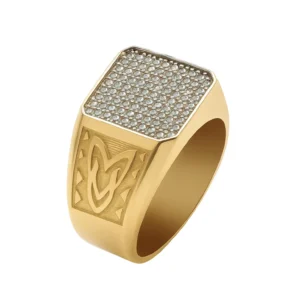 Anillo de Oro para Caballero con Parte Superior Texturizada Plateada - Grabado Tribal