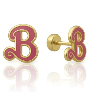 Aretes Letra B para Niña en Oro 14k Broquel con Esmalte Rosa