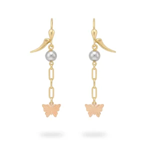 Aretes colgantes en oro tricolor 14k con mariposas