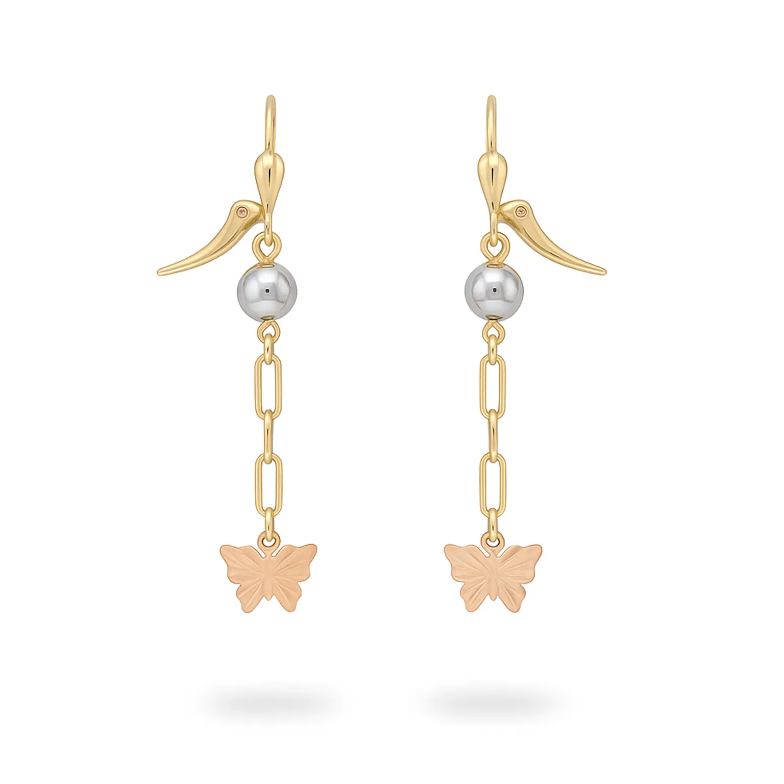 Aretes colgantes en oro tricolor 14k con mariposas