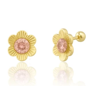 Aretes de oro en forma de flor con piedra rosada – Diseño delicado y femenino