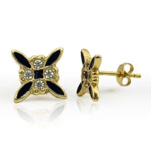 Broqueles florales en oro 14k con zirconias y esmalte negro