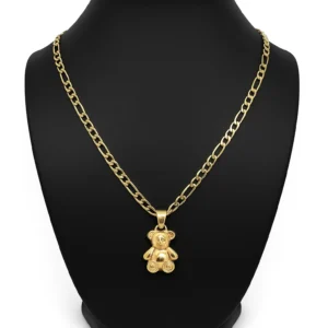 Collar con Osito en Oro Sólido de 14K – Dije Pulido con Cadena Figaro