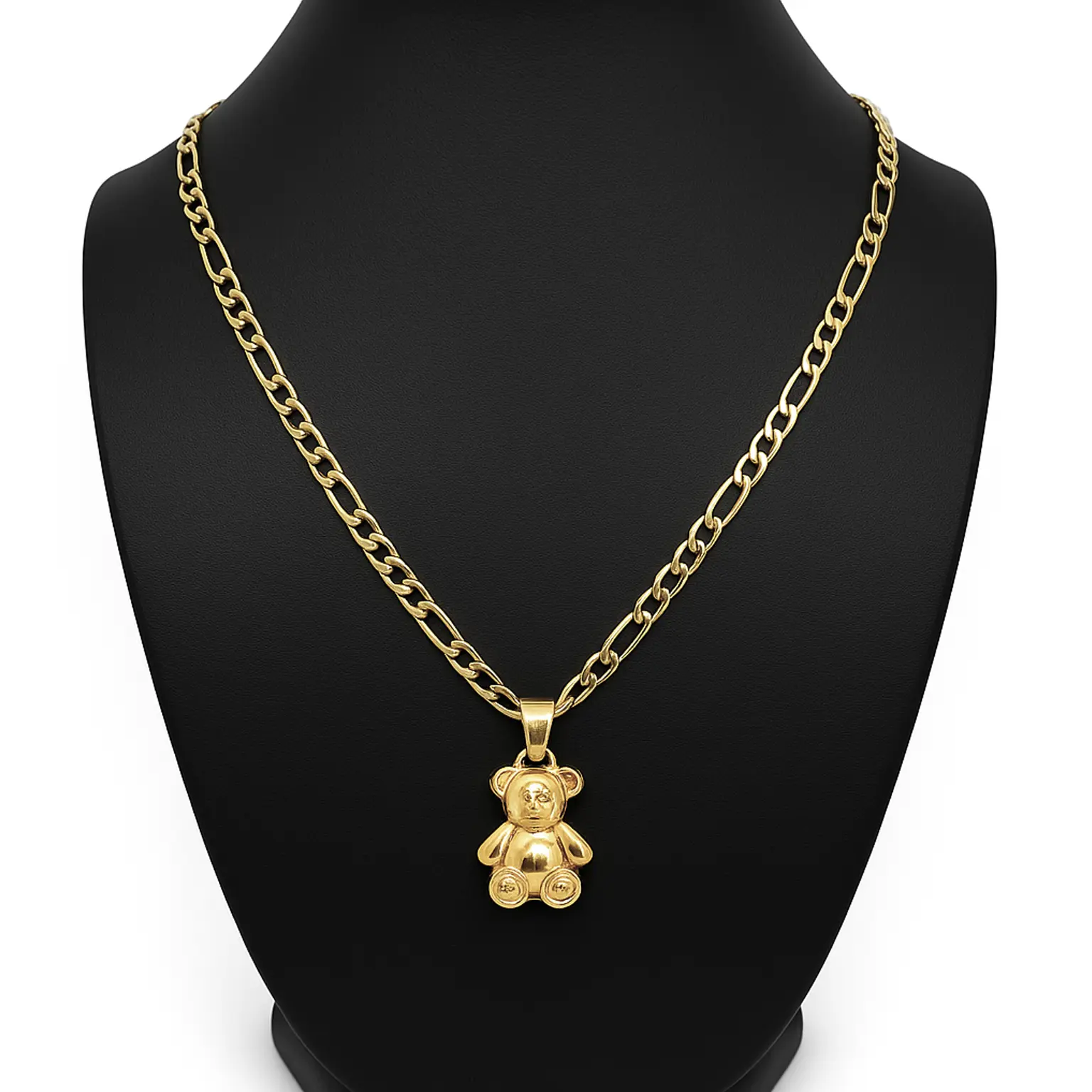 Collar con Osito en Oro Sólido de 14K – Dije Pulido con Cadena Figaro