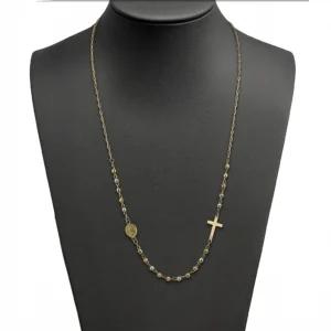 Collar rosario en oro 14k con cruz lateral y medalla de la Virgen
