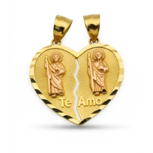 Dije Corazón Dividido con San Judas y Te Amo en Oro 14k – Pareja Religiosa