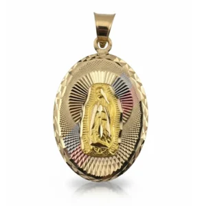 Dije Virgen de Guadalupe tricolor en oro 14k – Diseño ovalado con brillo diamantado
