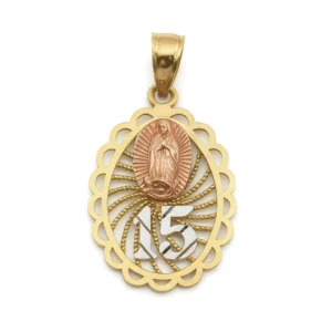 Dije de Oro 14k Ovalado Virgen de Guadalupe 15 años Bicolor