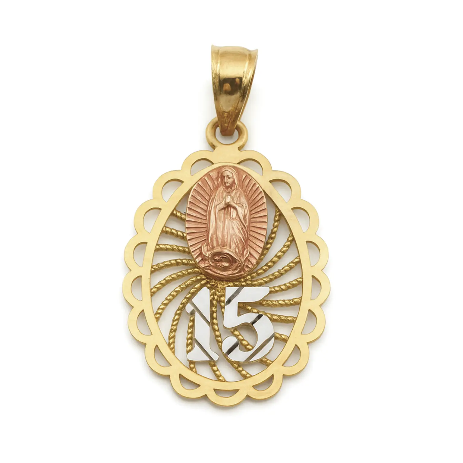 Dije de Oro 14k Ovalado Virgen de Guadalupe 15 años Bicolor