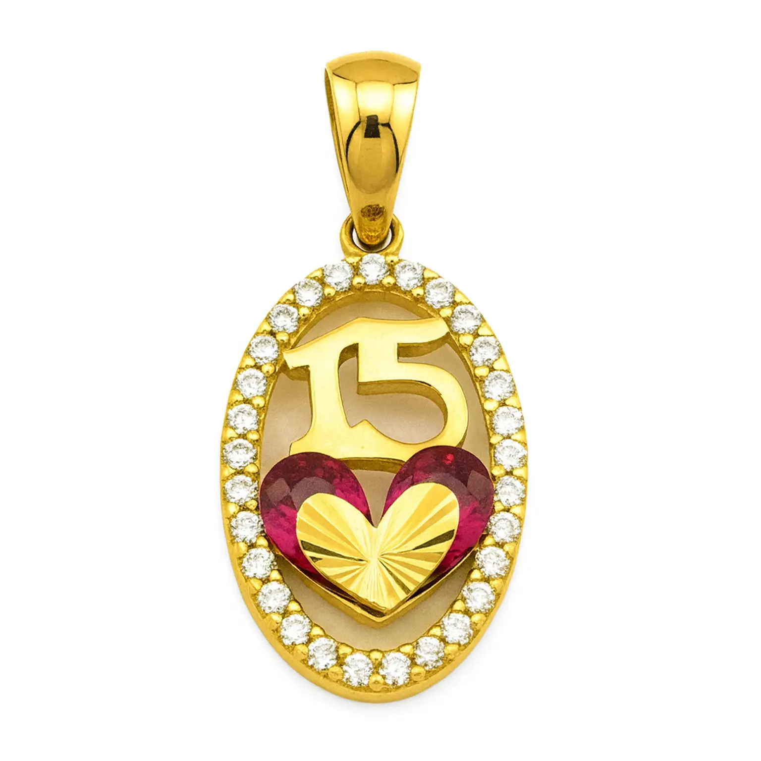 Dije de Oro de XV Años – Número “15” con Corazón Rosa y Brillantes
