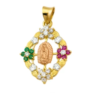 Dije de Oro de la Virgen de Guadalupe con Flores y Piedras de Colores