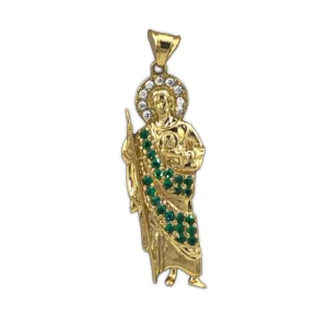 Dije de San Judas Tadeo en oro 14k con piedras verdes y halo brillante