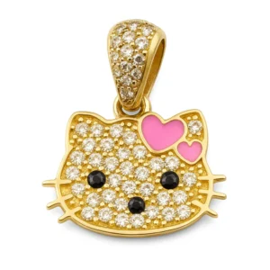 Dije de gatita con corazones rosas en oro 14k