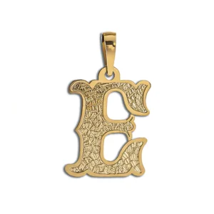 Dije letra E en oro 14k con textura artesanal