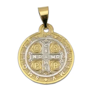 Dije medalla de San Benito bicolor en oro 14k