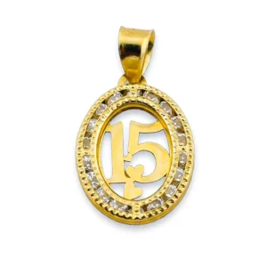 Dije número 15 con zirconias en oro 14k