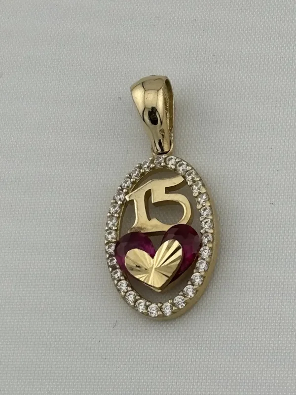Dije de Oro de XV Años – Número “15” con Corazón Rosa y Brillantes | Joyamex
