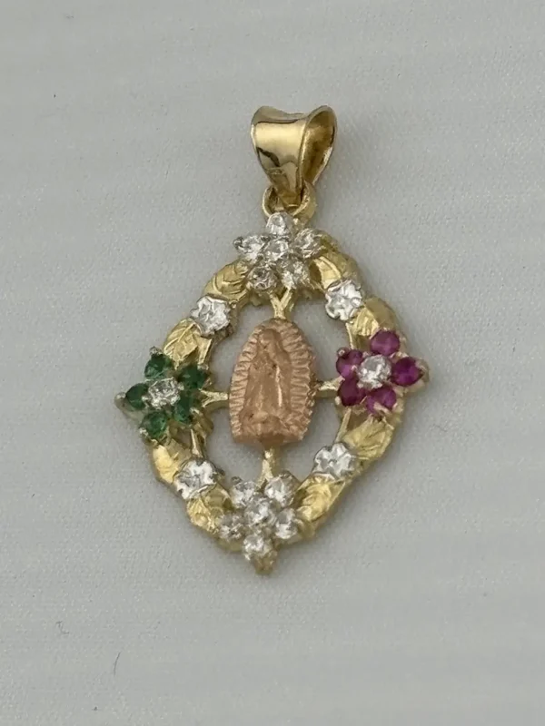 Dijede Oro de la Virgen de Guadalupe con Flores y Piedras de Colores  | Joyamex