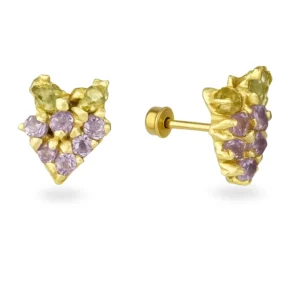 Mini aretes de oro con gemas lilas y ambar – Diseño artístico y exclusivo