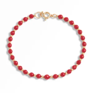pulsera roja, cuentas facetadas, hilo dorado, joyería artesanal, pulsera ligera, pulsera moderna, diseño artesanal, pulsera cristal