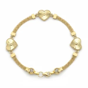 Pulsera de oro 14k con corazones grabados y tejido fino