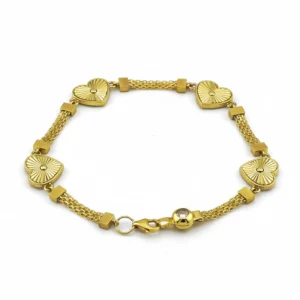 Pulsera de oro con corazones grabados y malla triple entrelazada
