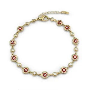 Pulsera en oro 14k con ojos turcos rojos y circonias