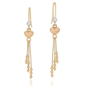 Aretes colgantes en oro 14k con corazones y cadenas decorativas